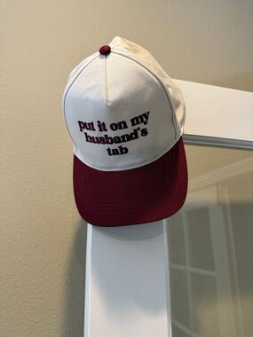 Cream and Maroon Baseball Cap with 'put it on my husband's tab' Embroidery